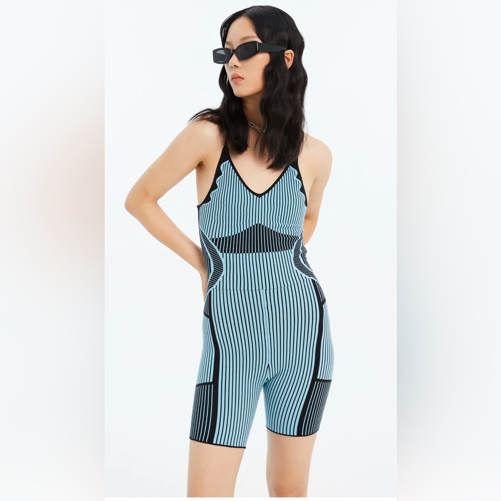 PH5 Blue and Black Striped Knit Jumpsuit
